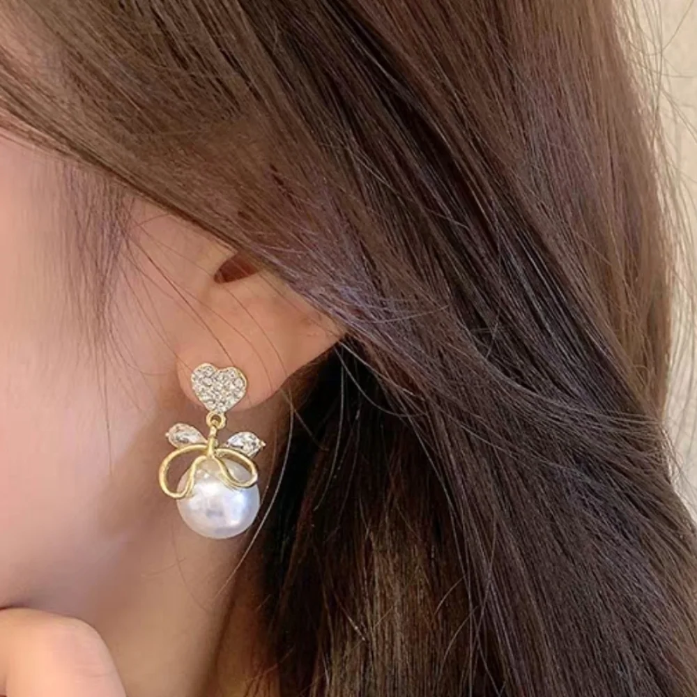 Elegant Crystal Pave Heart Stud & Iridescent Pearl Drop Earrings Bridal